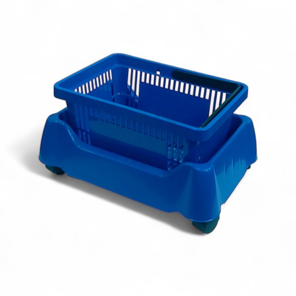 Klizni plastični nosač za skupljanje korpi. Služi za odlaganje korpi pored kase i za njihov lagan prenos sa mesta skupljanja korpi (kase) na mesto gde se korpe preuzimaju (pored ulaza). Svaki točkić ima osigurače koji služe za fiksiranje kolica, kako se ne bi pomerala dok se korpe odlažu.