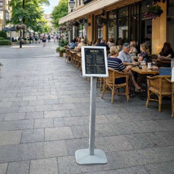 Elegantni rotirajući meni bord visine 1100 mm sa A4 klik ramom. Moderna i stabilna podna info tabla za profesionalan prikaz ponude i obaveštenja.