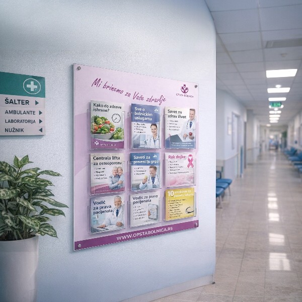 Praktična zidna kliritna tabla sa više A4 džepova za brošure i flajere. Idealno rešenje za uredno i profesionalno izlaganje informacija.