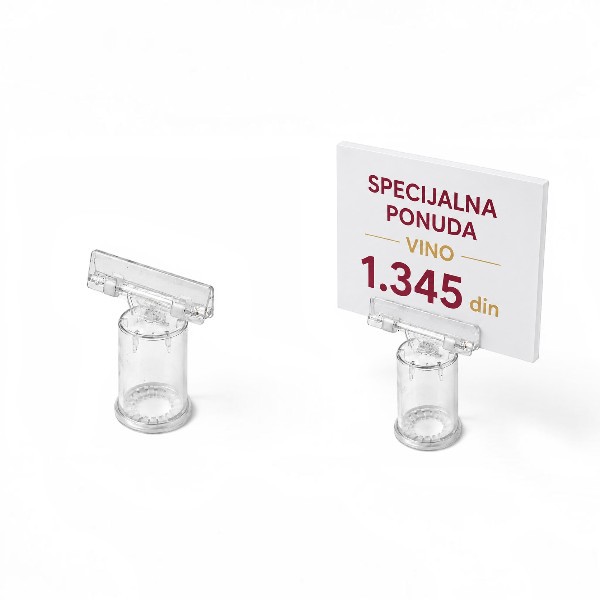 Držač za cene za flaše sa velikim nosačem za karticu. Idealno rešenje za isticanje cena, akcija i promotivnih poruka na flašama u prodavnicama, vinarijama i supermarketima.