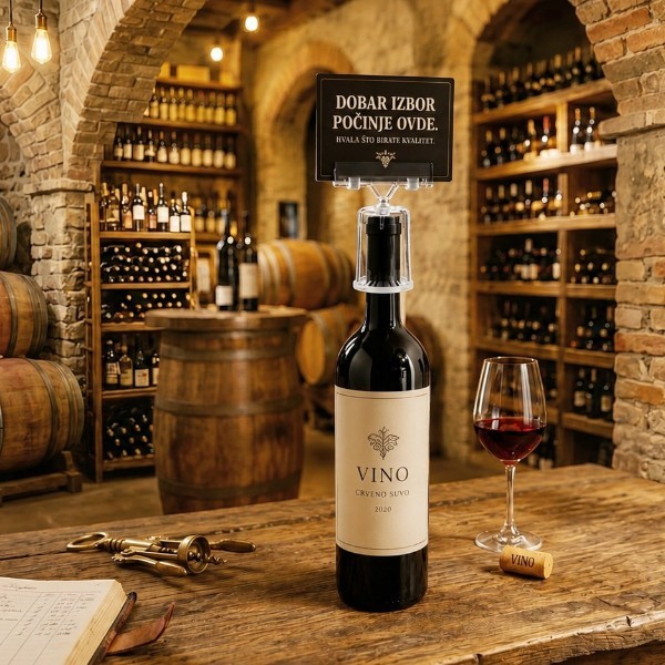 Držač za cene za flaše sa velikim nosačem za karticu. Idealno rešenje za isticanje cena, akcija i promotivnih poruka na flašama u prodavnicama, vinarijama i supermarketima.
