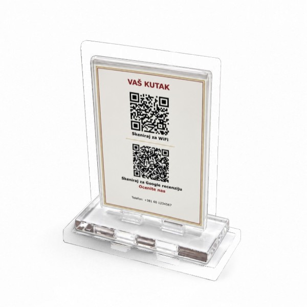 Držač za meni sa QR kodom od providnog klirita, dimenzija 8 × 10 cm. Praktično rešenje za digitalni meni, Wi-Fi i informacije u restoranima i kafićima.