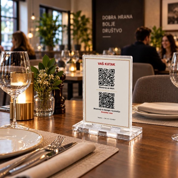 Držač za meni sa QR kodom od providnog klirita, dimenzija 8 × 10 cm. Praktično rešenje za digitalni meni, Wi-Fi i informacije u restoranima i kafićima.