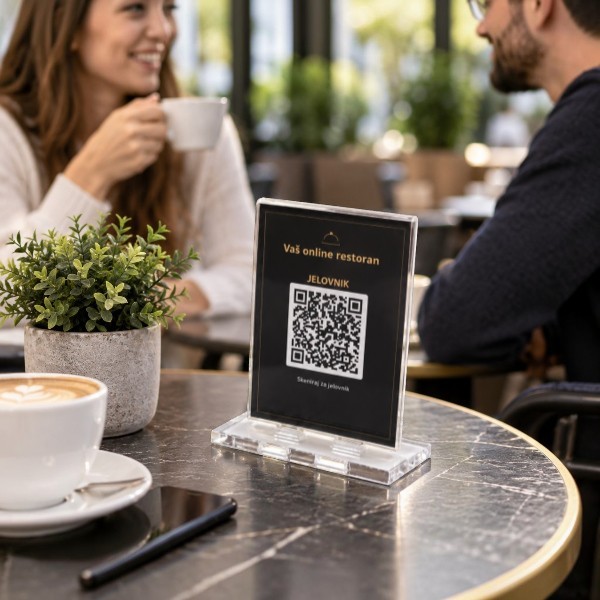 Držač za meni sa QR kodom od providnog klirita, dimenzija 8 × 10 cm. Praktično rešenje za digitalni meni, Wi-Fi i informacije u restoranima i kafićima.