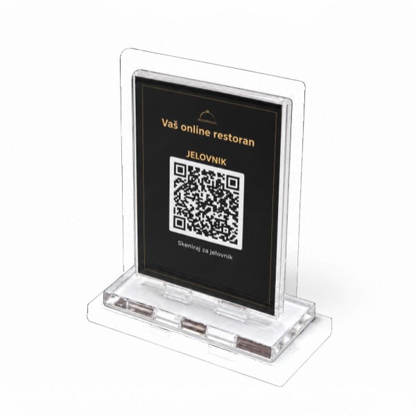 Držač za meni sa QR kodom od providnog klirita, dimenzija 8 × 10 cm. Praktično rešenje za digitalni meni, Wi-Fi i informacije u restoranima i kafićima.