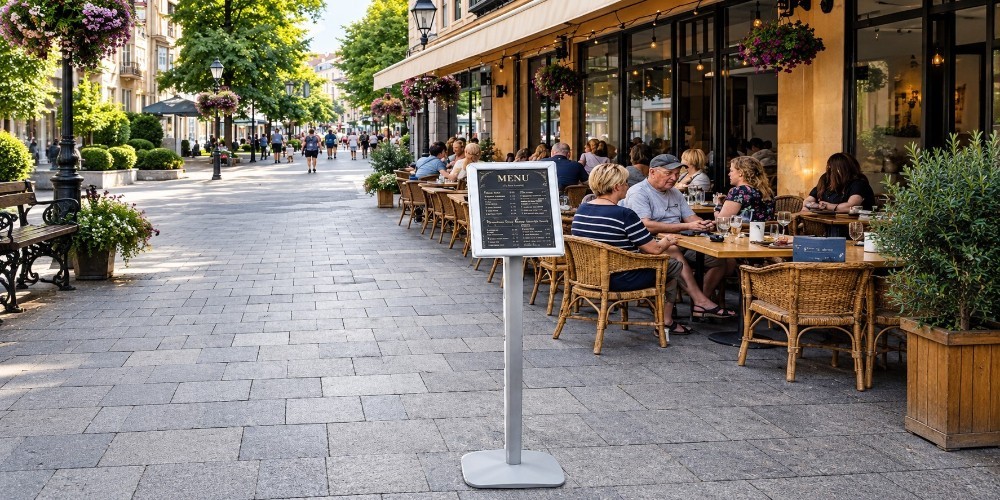Rotirajuća samostojeća info tabla sa A4 klik-klak ramom idealna je za menije, cenovnike i obaveštenja u restoranima, hotelima i prodajnim objektima.